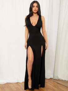SHEIN SXY Summer Black Slit Thigh Deep V-Neck Tight Coquettish Dress,Summer Dresses For Women