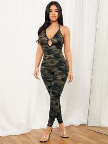 SHEIN SXY 迷彩露背紧身女式连体裤 - 軍綠色 - 查看 1