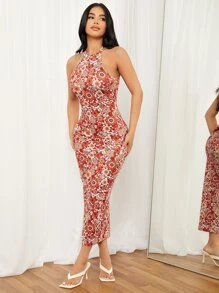 SHEIN SXY Sundress;Halter Neck Allover Floral Print Bodycon Dress,Summer Dresses For Women - Multicolor - View 6