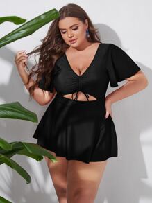 Swim Lushoire Summer Beach Plus Size Plain Drawstring Swim Dress - Black - View 1