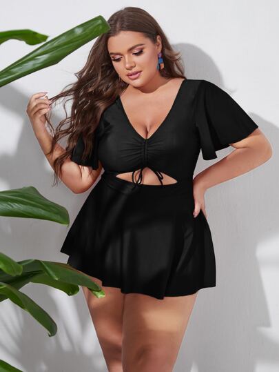 Swim Lushoire Summer Beach Plus Size Plain Drawstring Swim Dress