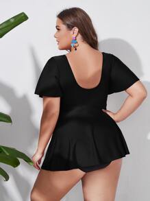 Swim Lushoire Summer Beach Plus Size Plain Drawstring Swim Dress - Black - View 2