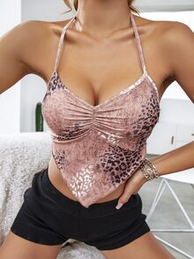 豹紋印花褶邊不對稱下擺後背繫帶上衣 - 彩色 - 查看 7