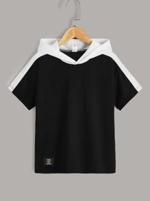 SHEIN 男孩拼接面字母補丁細節連帽T恤 - 黑色 - 查看 1