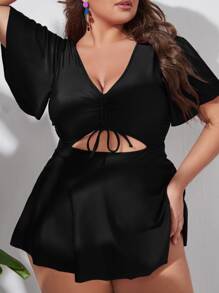 Swim Lushoire Summer Beach Plus Size Plain Drawstring Swim Dress - Black - View 4