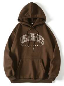 SHEIN EZwear Letter Graphic Drawstring Drop Shoulder Thermal Lined Hoodie - Chocolate Brown - View 1