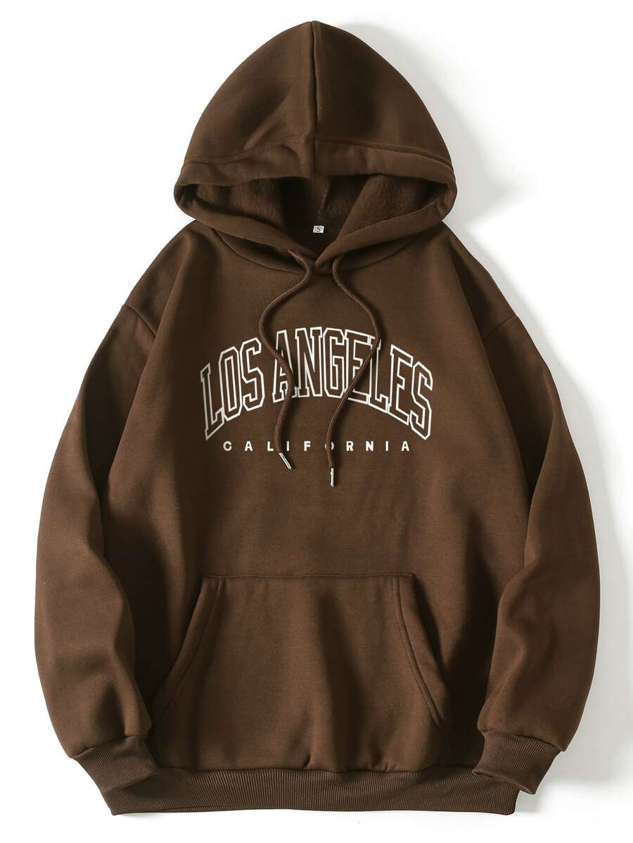 SHEIN EZwear Letter Graphic Drawstring Drop Shoulder Thermal Lined Hoodie - Chocolate Brown - View 1