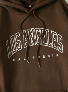 SHEIN EZwear Letter Graphic Drawstring Drop Shoulder Thermal Lined Hoodie - Chocolate Brown - View 4