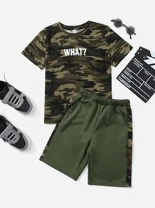 SHEIN Boys Camo Print Tee & Contrast Sideseam Shorts Set - Multicolor - View 1