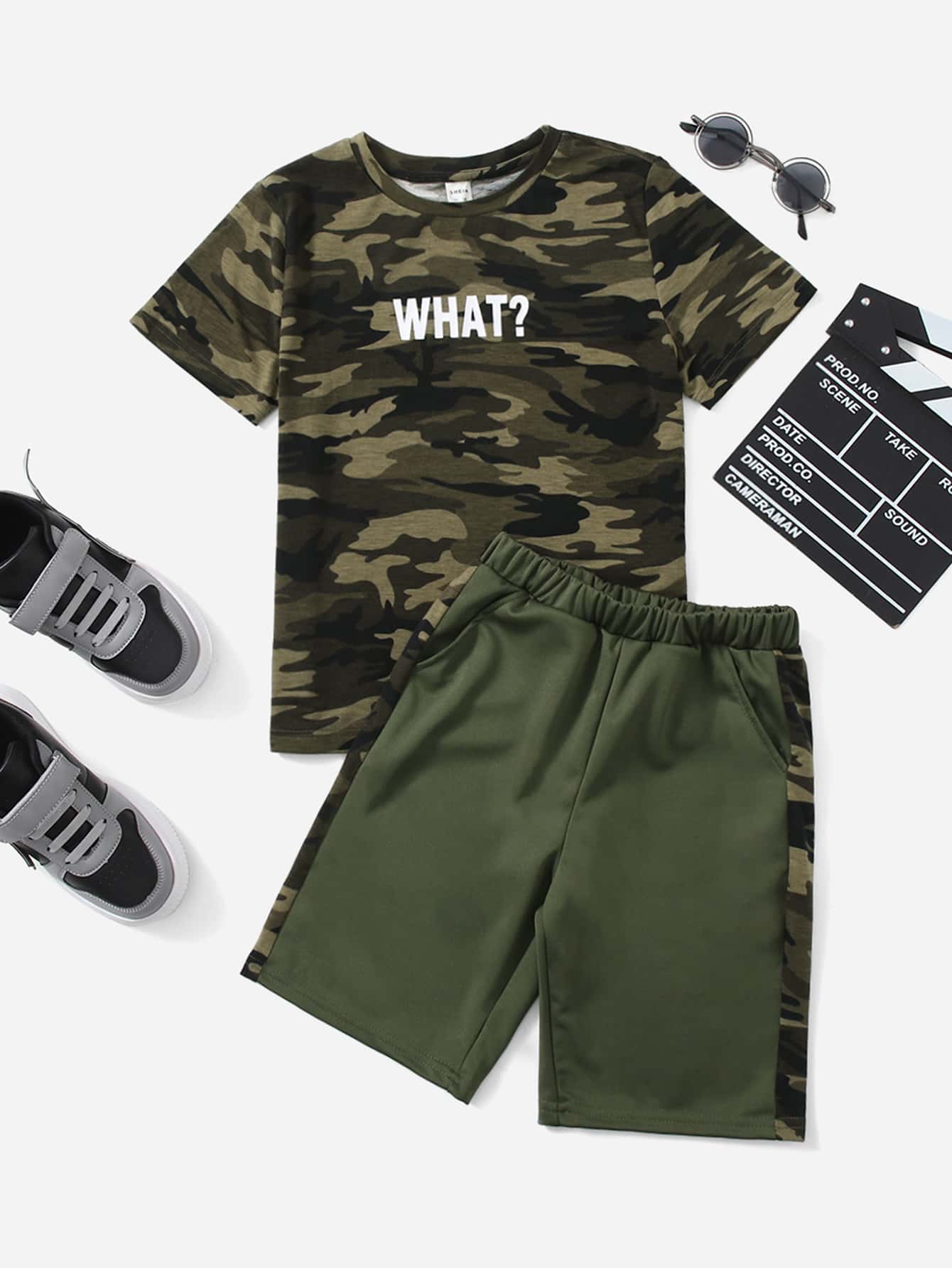 SHEIN Boys Camo Print Tee & Contrast Sideseam Shorts Set - Multicolor - View 1