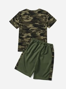 SHEIN Boys Camo Print Tee & Contrast Sideseam Shorts Set - Multicolor - View 2