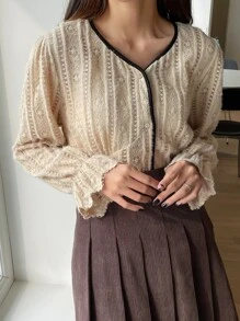 DAZY Flounce Sleeve Contrast Binding Lace Blouse - Apricot - View 1