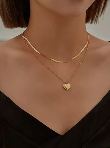 Heart Charm Layered Necklace - Yellow Gold - View 1
