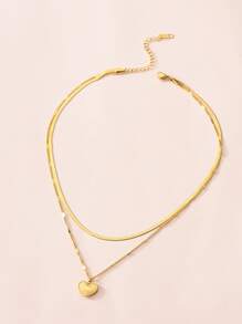 Heart Charm Layered Necklace - Yellow Gold - View 2