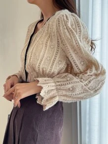 DAZY Flounce Sleeve Contrast Binding Lace Blouse - Apricot - View 3