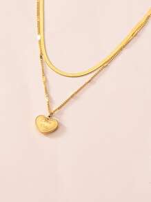 Heart Charm Layered Necklace - Yellow Gold - View 4