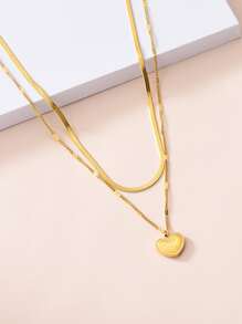 Heart Charm Layered Necklace - Yellow Gold - View 5