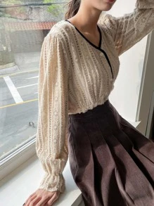 DAZY Flounce Sleeve Contrast Binding Lace Blouse - Apricot - View 4