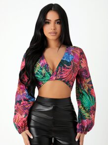 SHEIN SXY Bishop Sleeve Twist Front Tropical Print Top - Multicolor - View 1