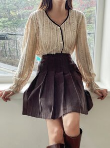 DAZY Flounce Sleeve Contrast Binding Lace Blouse - Apricot - View 5