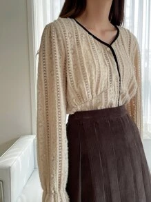 DAZY Flounce Sleeve Contrast Binding Lace Blouse - Apricot - View 6