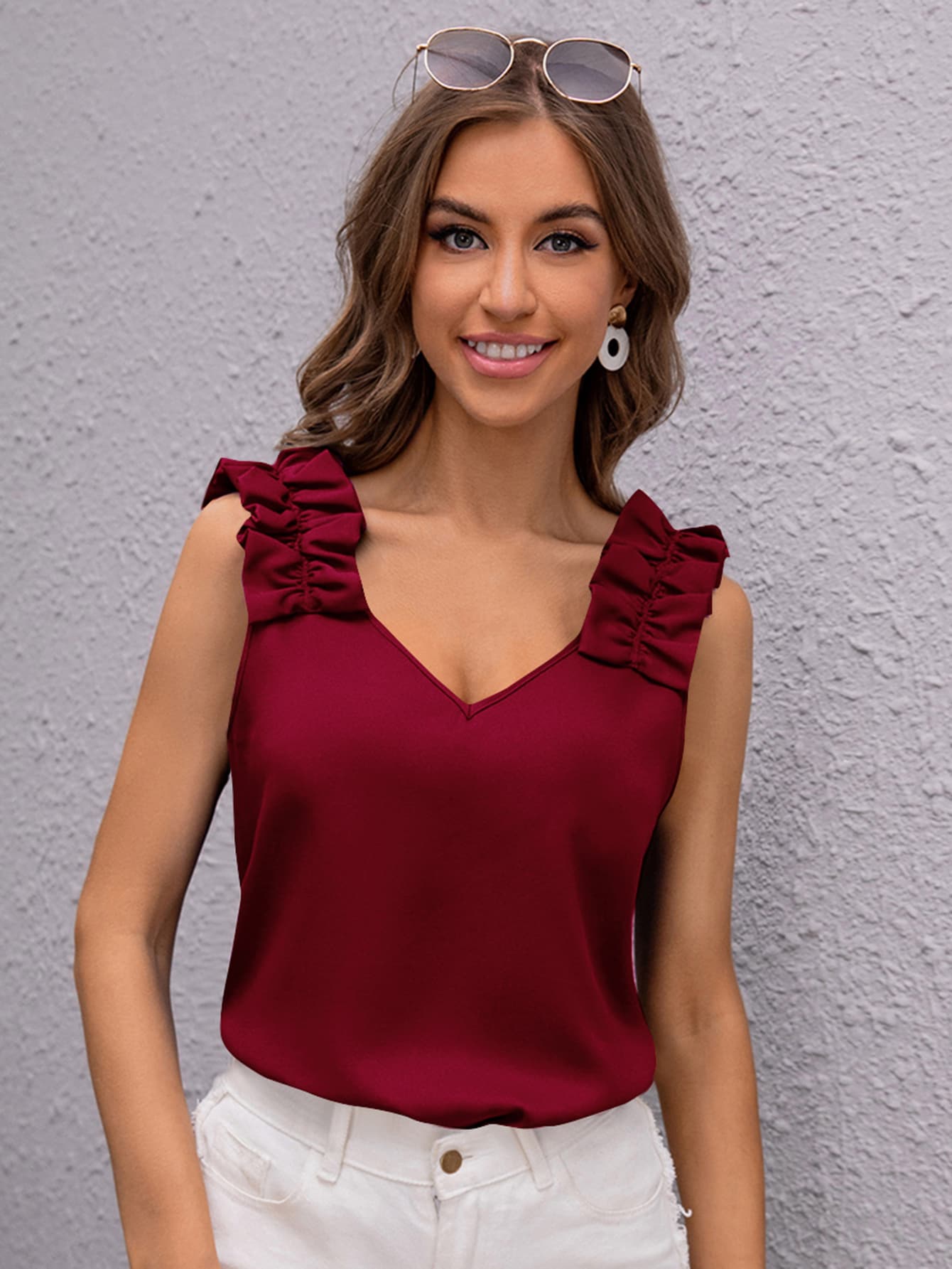 SHEIN Clasi Áo hai dây Xù màu trơn Thanh lịch - Màu Đỏ Sâu - Xem 1