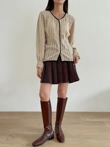 DAZY Flounce Sleeve Contrast Binding Lace Blouse - Apricot - View 7