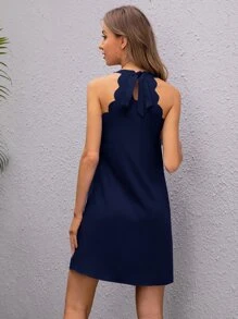 SHEIN VCAY Scallop Edge Solid Dress - Navy Blue - View 2