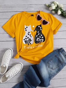 SHEIN LUNE Camiseta gato con con estampado de corazón - Amarillo - Ver 1