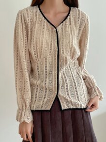 DAZY Flounce Sleeve Contrast Binding Lace Blouse - Apricot - View 8