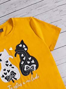 SHEIN LUNE Camiseta gato con con estampado de corazón - Amarillo - Ver 3
