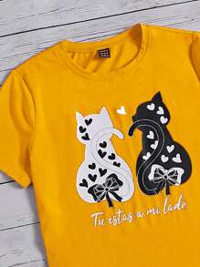 SHEIN LUNE Camiseta gato con con estampado de corazón - Amarillo - Ver 4
