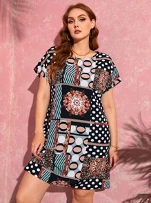 EMERY ROSE Plus Batwing Sleeve Polka Dot & Floral Print Dress - Multicolor - View 1