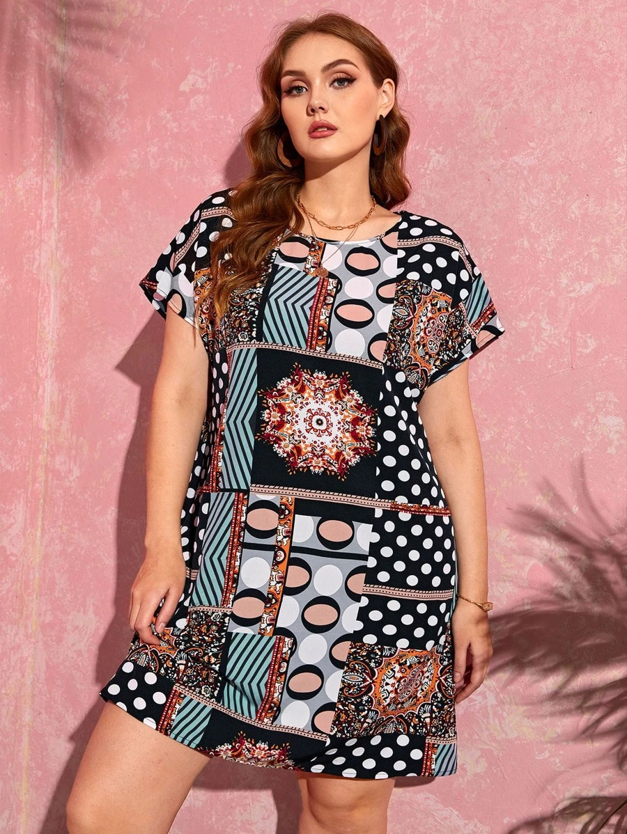 EMERY ROSE Plus Batwing Sleeve Polka Dot & Floral Print Dress - Multicolor - View 1