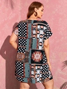 EMERY ROSE Plus Batwing Sleeve Polka Dot & Floral Print Dress - Multicolor - View 2