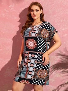 EMERY ROSE Plus Batwing Sleeve Polka Dot & Floral Print Dress - Multicolor - View 3