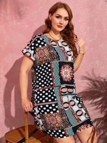 EMERY ROSE Plus Batwing Sleeve Polka Dot & Floral Print Dress - Multicolor - View 4