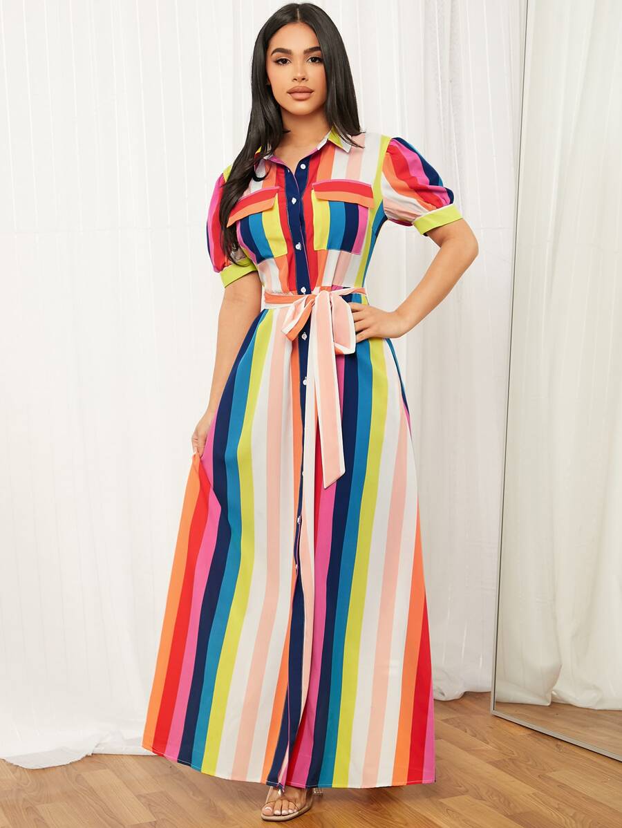 SHEIN VCAY Rainbow Striped Flap Pocket Belted Shirt Dress