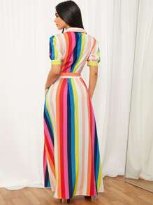 SHEIN VCAY Rainbow Striped Flap Pocket Belted Shirt Dress