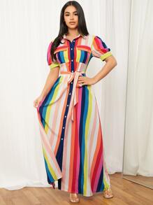 SHEIN VCAY Rainbow Striped Flap Pocket Belted Shirt Dress