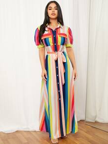 SHEIN VCAY Rainbow Striped Flap Pocket Belted Shirt Dress