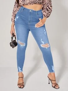 Quần Denim kích thước lớn Nút Túi Hem thô Bị tách Dây kéo Denim mùa giặt màu trơn - Rửa trung bình - Xem 1