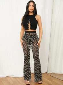 SHEIN SXY 圖形圖案喇叭木耳邊網紗長褲 - 黑色 - 查看 3