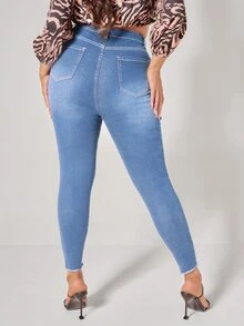 Quần Denim kích thước lớn Nút Túi Hem thô Bị tách Dây kéo Denim mùa giặt màu trơn - Rửa trung bình - Xem 2