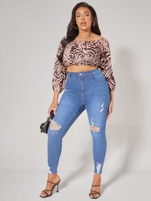 Quần Denim kích thước lớn Nút Túi Hem thô Bị tách Dây kéo Denim mùa giặt màu trơn - Rửa trung bình - Xem 3