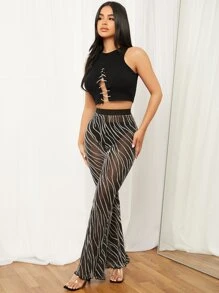 SHEIN SXY 圖形圖案喇叭木耳邊網紗長褲 - 黑色 - 查看 4