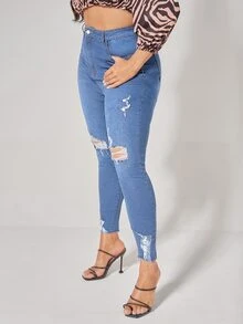 Quần Denim kích thước lớn Nút Túi Hem thô Bị tách Dây kéo Denim mùa giặt màu trơn - Rửa trung bình - Xem 4