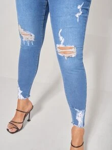 Quần Denim kích thước lớn Nút Túi Hem thô Bị tách Dây kéo Denim mùa giặt màu trơn - Rửa trung bình - Xem 5