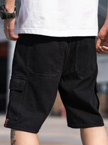Manfinity Homme 男士棉側翻蓋口袋百慕大牛仔短褲 - 黑色 - 查看 2