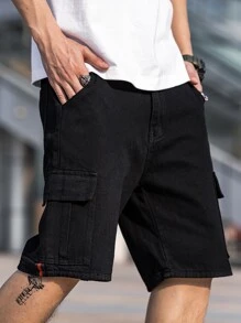 Manfinity Homme 男士棉側翻蓋口袋百慕大牛仔短褲 - 黑色 - 查看 3